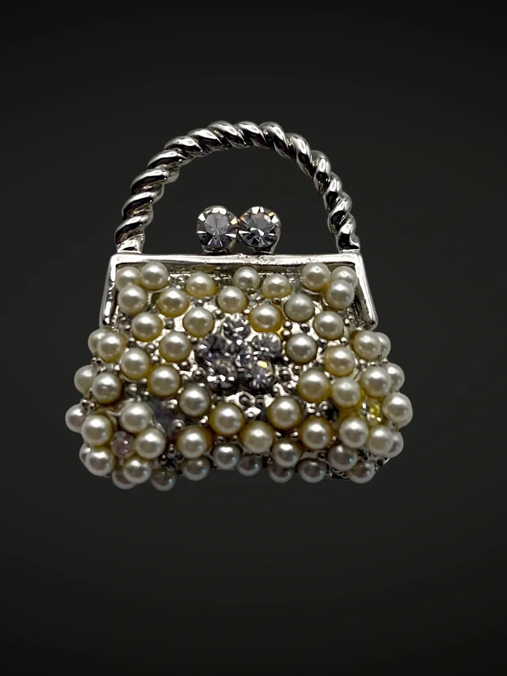 Dazzling Vintage Pearl and Rhinestone Purse Brooch Dainty Petite Estate Pc